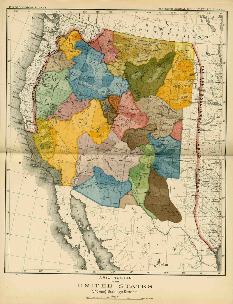 Infographic maps drawn by John Wesley Powell, a civil war hero who had lost an arm in the fighting and was now leading heroic expeditions in the remotest areas of the west, could have influenced how the West was populated and how state boundaries were drawn. But the nation did not listen
